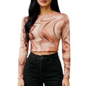 ✨ Y2K Sheer Swirled Marble Brown/Cream Long Sleeve Crop Top w/ Ruffled Hems